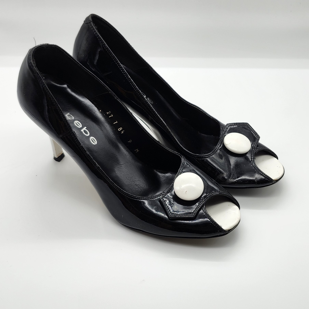 Bebe Black and White Peep Toe Heels
